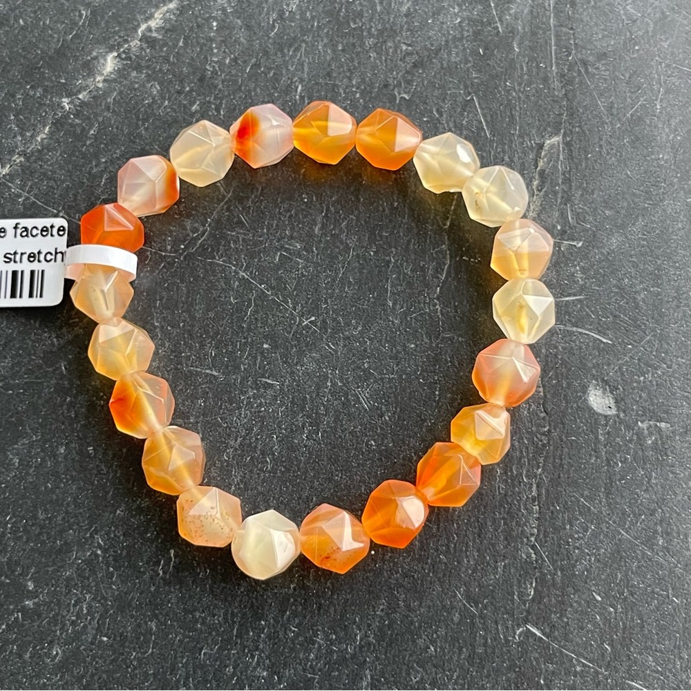 Faceted Carnelian Orange and Cream Stretch Bracelet 6”